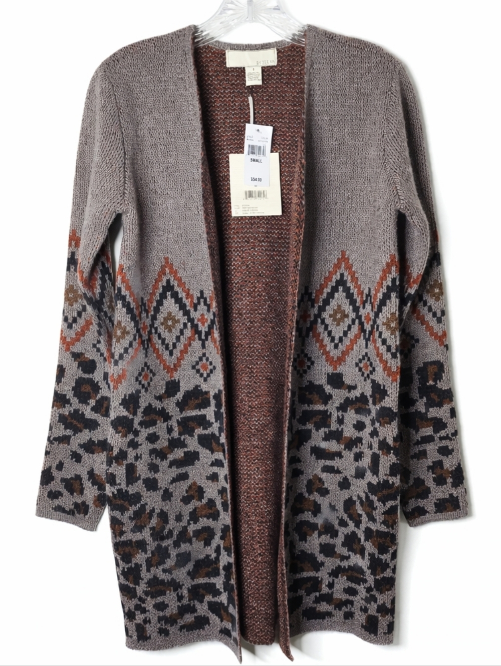 Animal Print Sweater Cardigan Women's Small Open Front Leopard Brown Long Sleeve